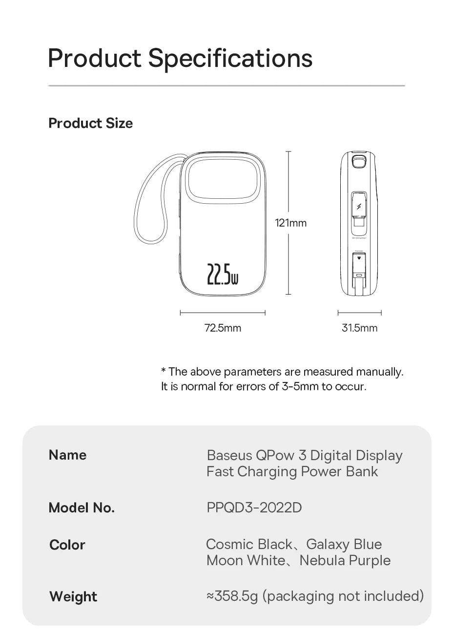 22.5W 10000mAh 20000mAh Power Bank Built-In Retractable USB-C & Lightning Cable