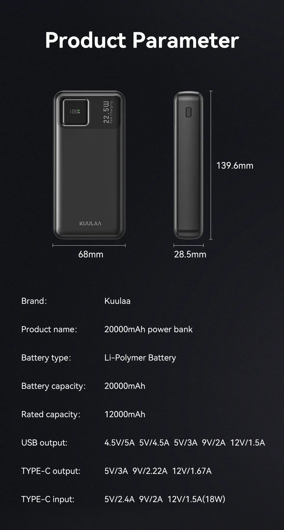 20000mAh Power Bank Portable External Battery 22.5W Fast Charging Portable Charger