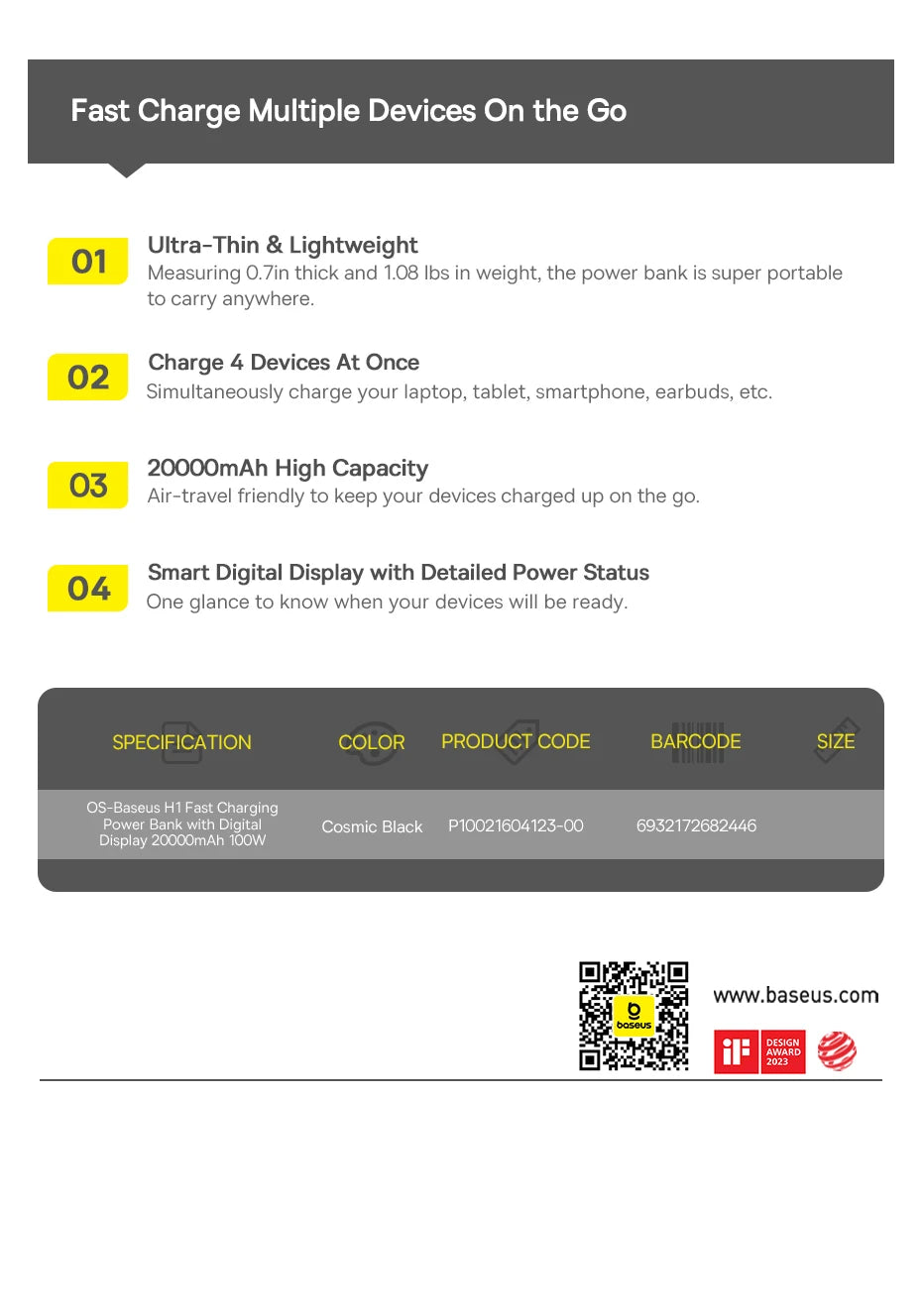 100W Power Bank 20000mAh Capacity PD Fast Charging Battery Charger Power bank