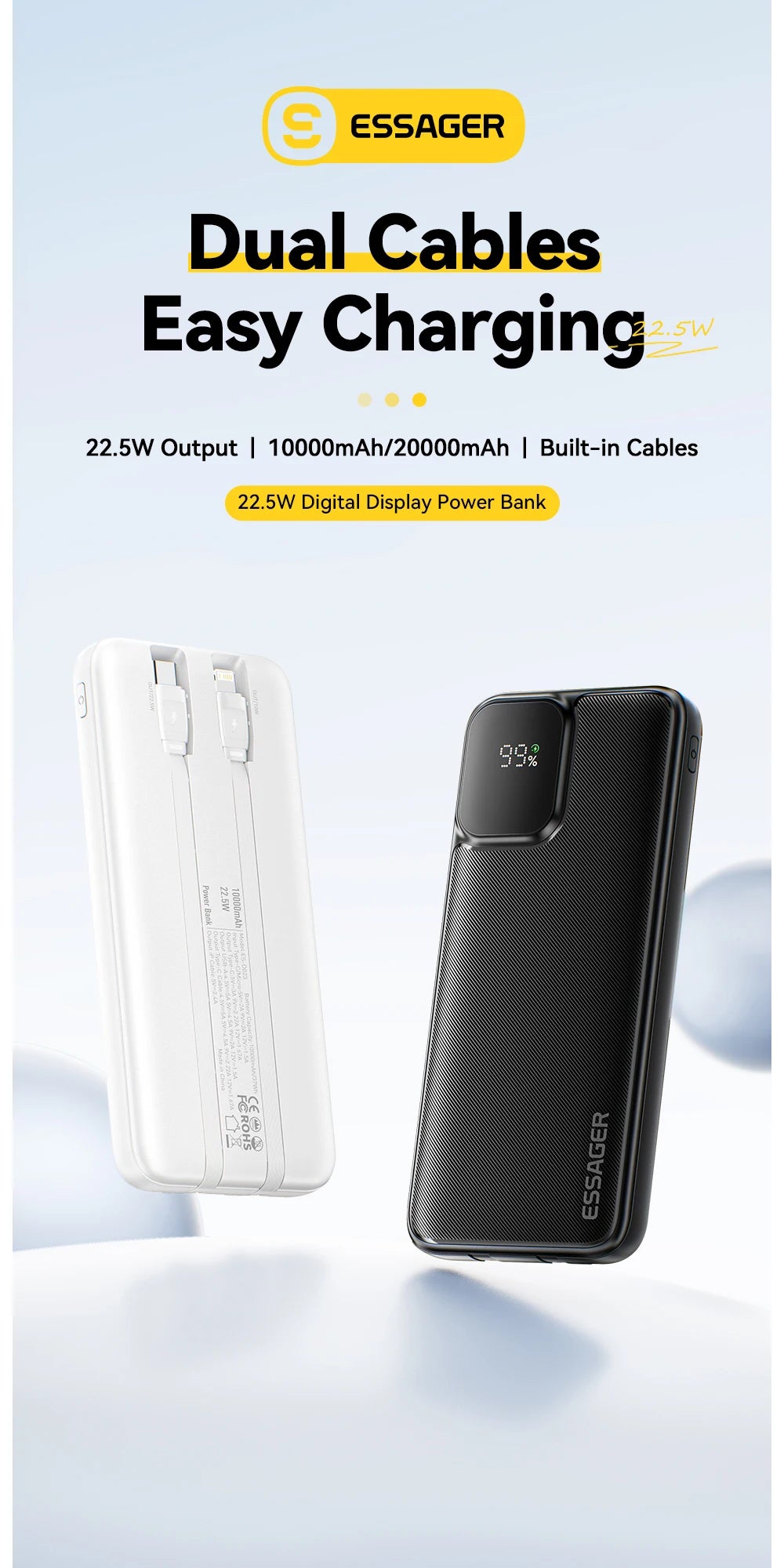 Portable Power Bank 20000mAh with Two Built-in Cables External Battery