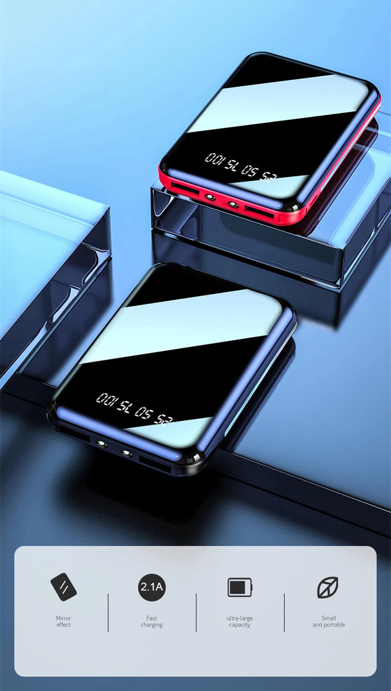 20000mAh Mini Power Bank Portable Charger Mirror Screen LED Digital Power bank External Battery