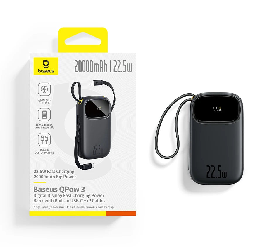 22.5W 10000mAh 20000mAh Power Bank Built-In Retractable USB-C & Lightning Cable