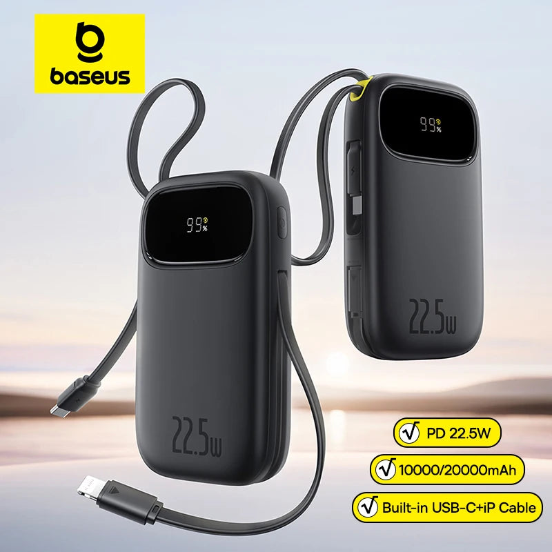 22.5W 10000mAh 20000mAh Power Bank Built-In Retractable USB-C & Lightning Cable
