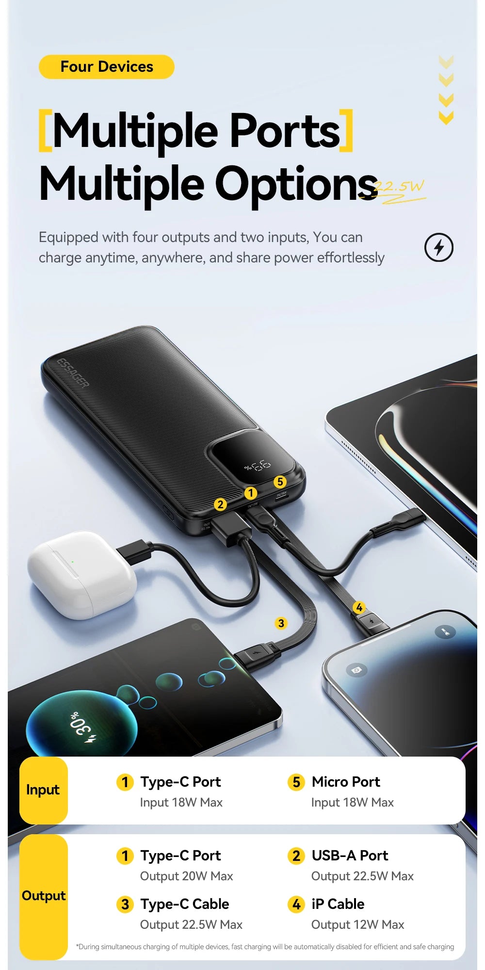 Portable Power Bank 20000mAh with Two Built-in Cables External Battery