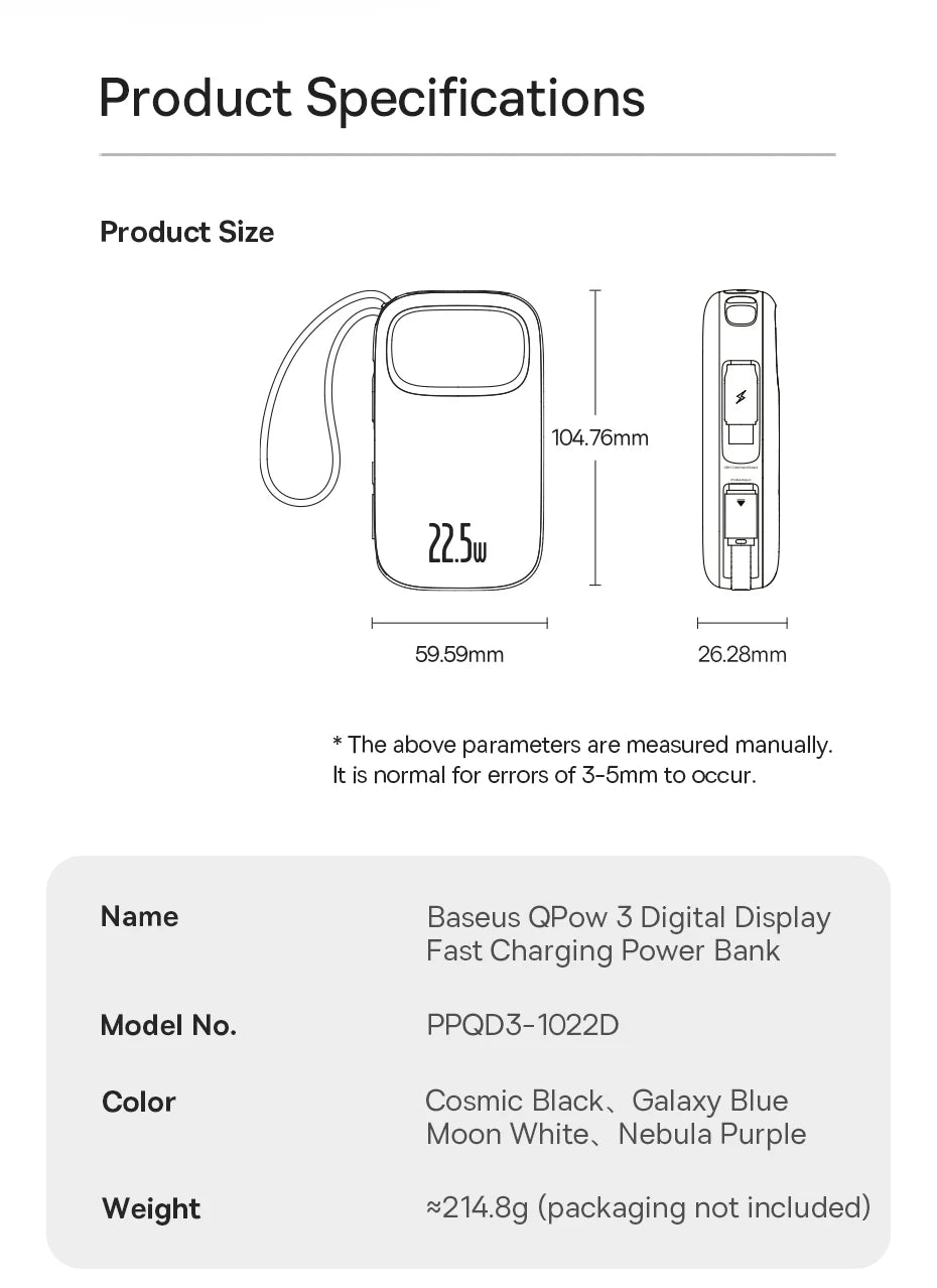 22.5W 10000mAh 20000mAh Power Bank Built-In Retractable USB-C & Lightning Cable