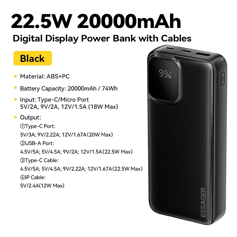 Portable Power Bank 20000mAh with Two Built-in Cables External Battery