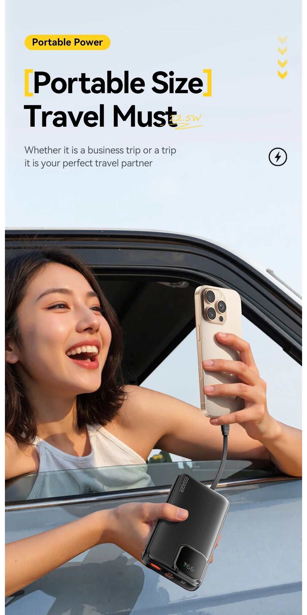 Portable Power Bank 20000mAh with Two Built-in Cables External Battery