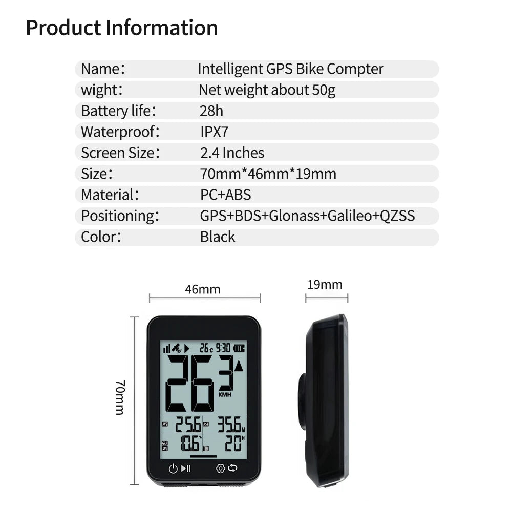 GPS Bike Computer Wireless with Auto Backlight and Bracket