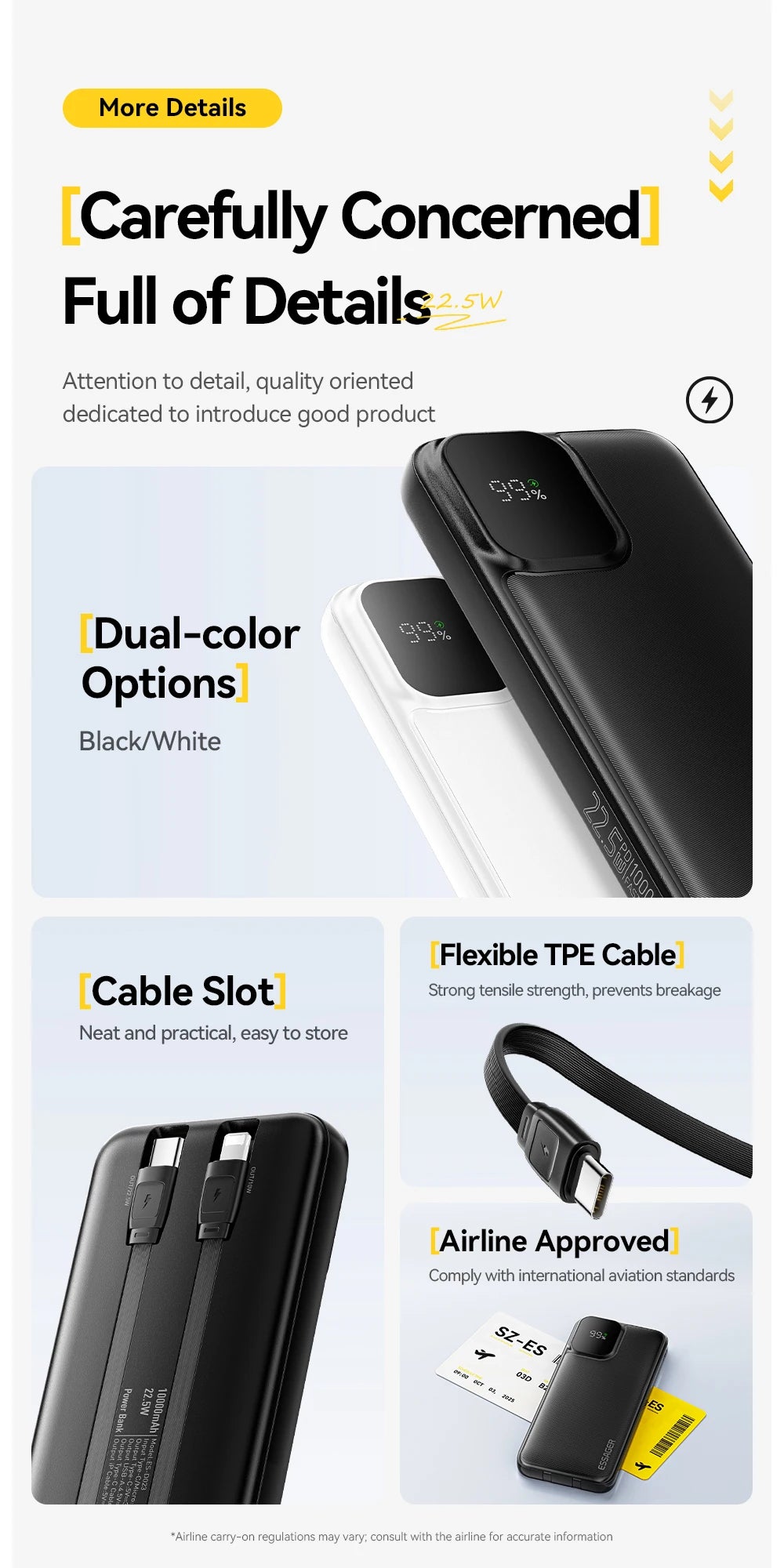 Portable Power Bank 20000mAh with Two Built-in Cables External Battery