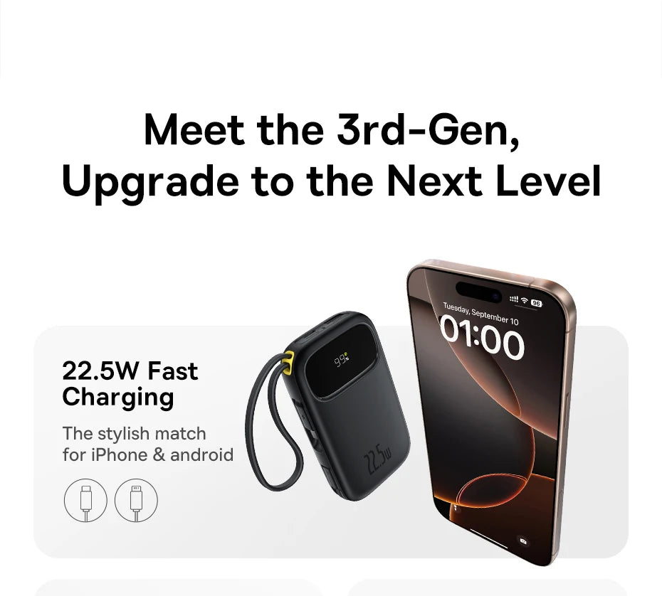 22.5W 10000mAh 20000mAh Power Bank Built-In Retractable USB-C & Lightning Cable