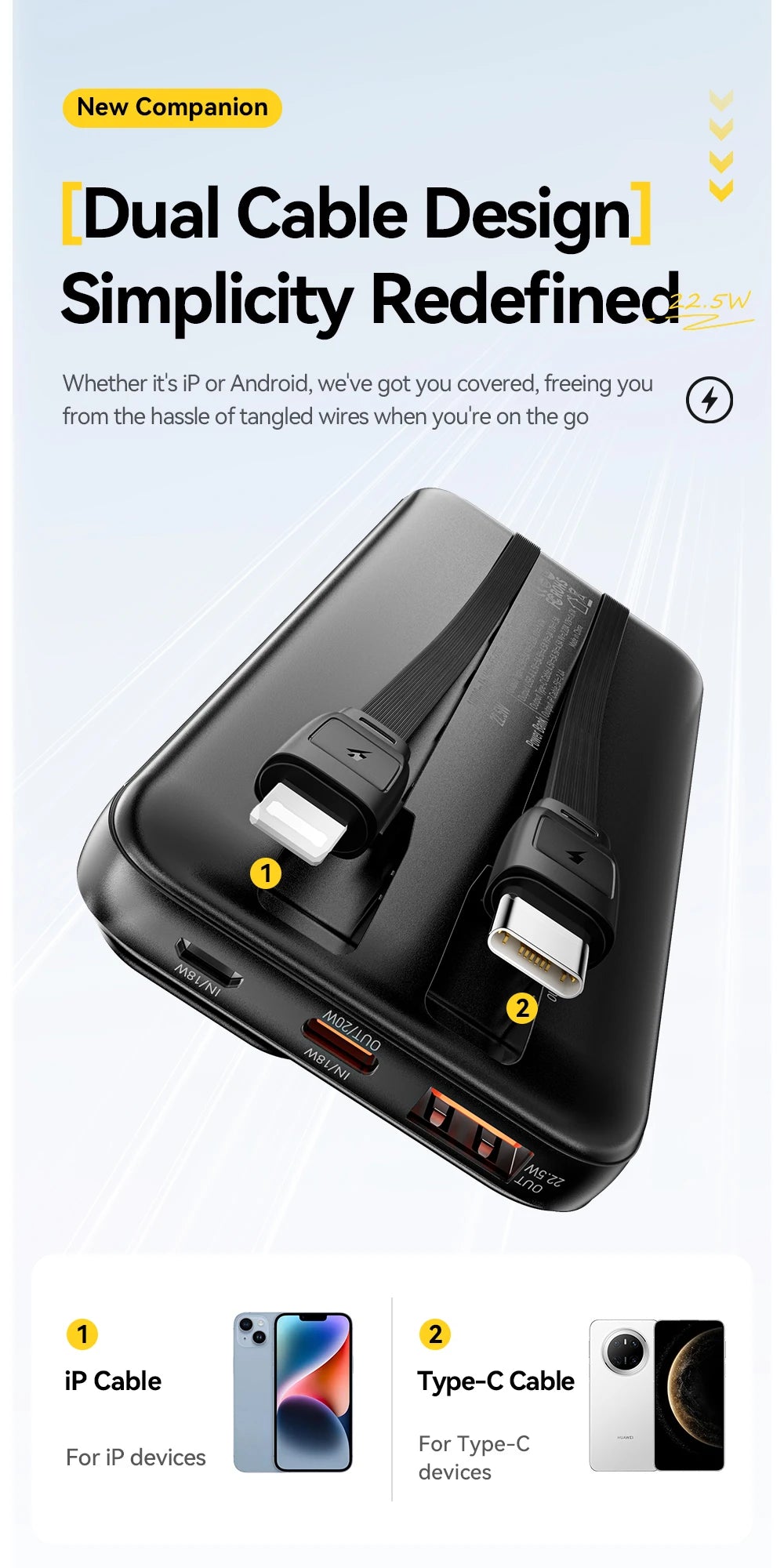 Portable Power Bank 20000mAh with Two Built-in Cables External Battery