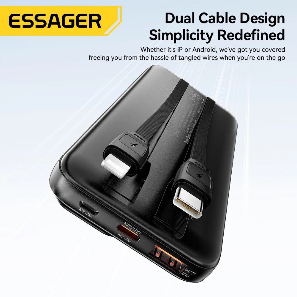 Portable Power Bank 20000mAh with Two Built-in Cables External Battery