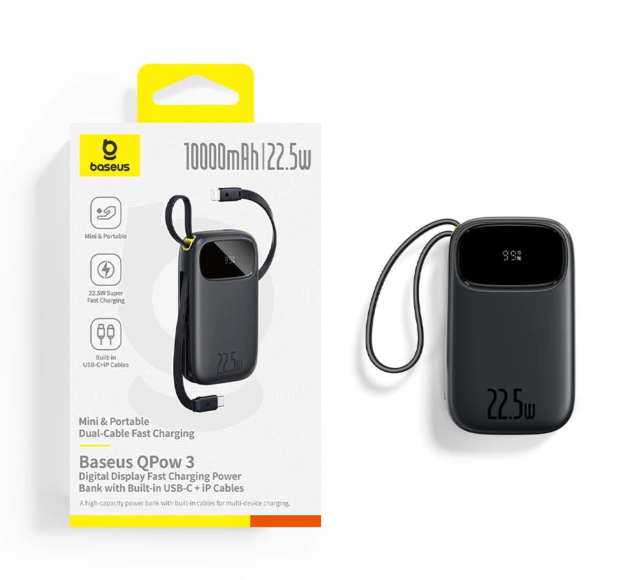 22.5W 10000mAh 20000mAh Power Bank Built-In Retractable USB-C & Lightning Cable