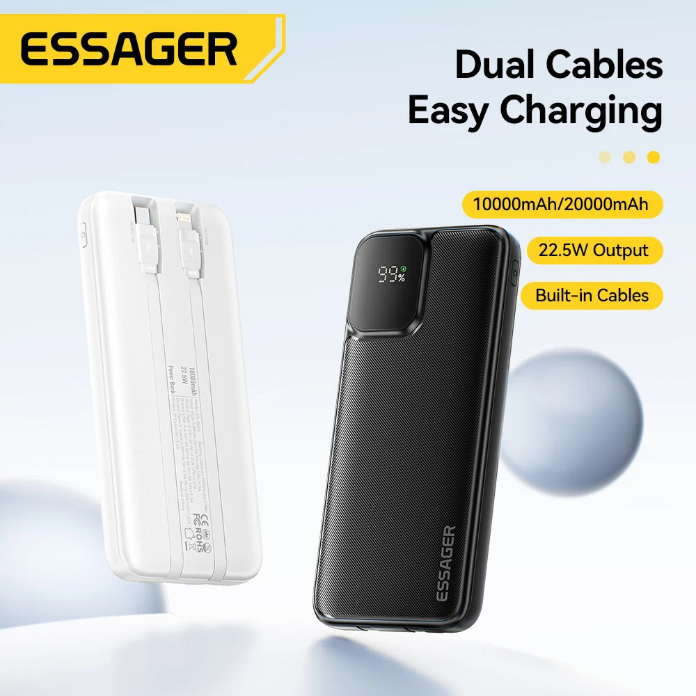 Portable Power Bank 20000mAh with Two Built-in Cables External Battery