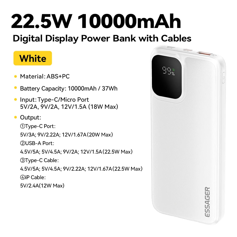 Portable Power Bank 20000mAh with Two Built-in Cables External Battery