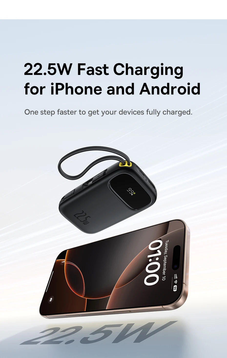 22.5W 10000mAh 20000mAh Power Bank Built-In Retractable USB-C & Lightning Cable
