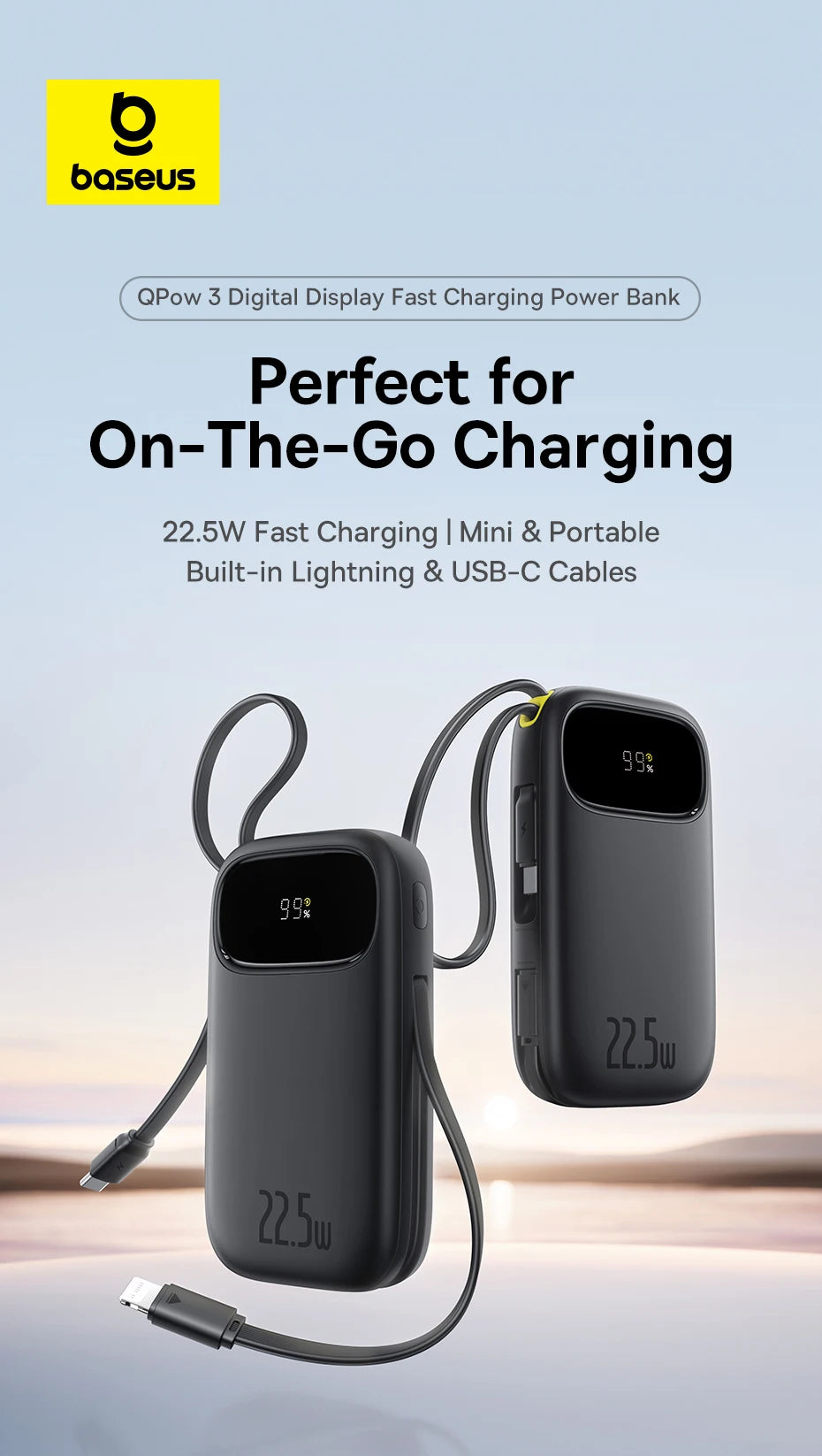 22.5W 10000mAh 20000mAh Power Bank Built-In Retractable USB-C & Lightning Cable