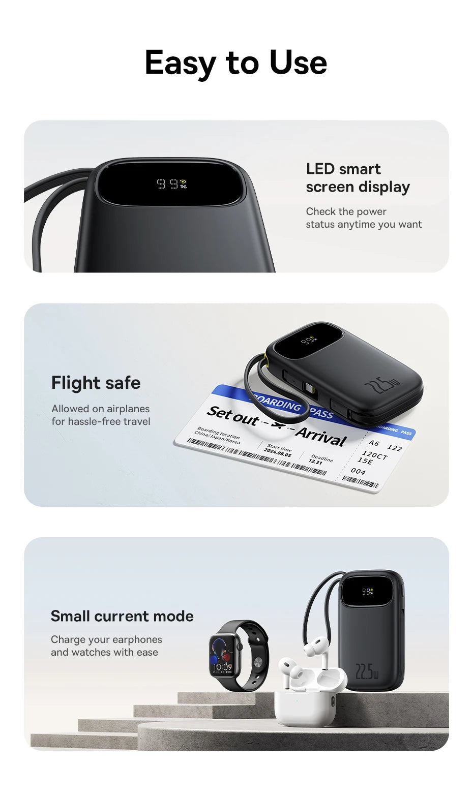 22.5W 10000mAh 20000mAh Power Bank Built-In Retractable USB-C & Lightning Cable