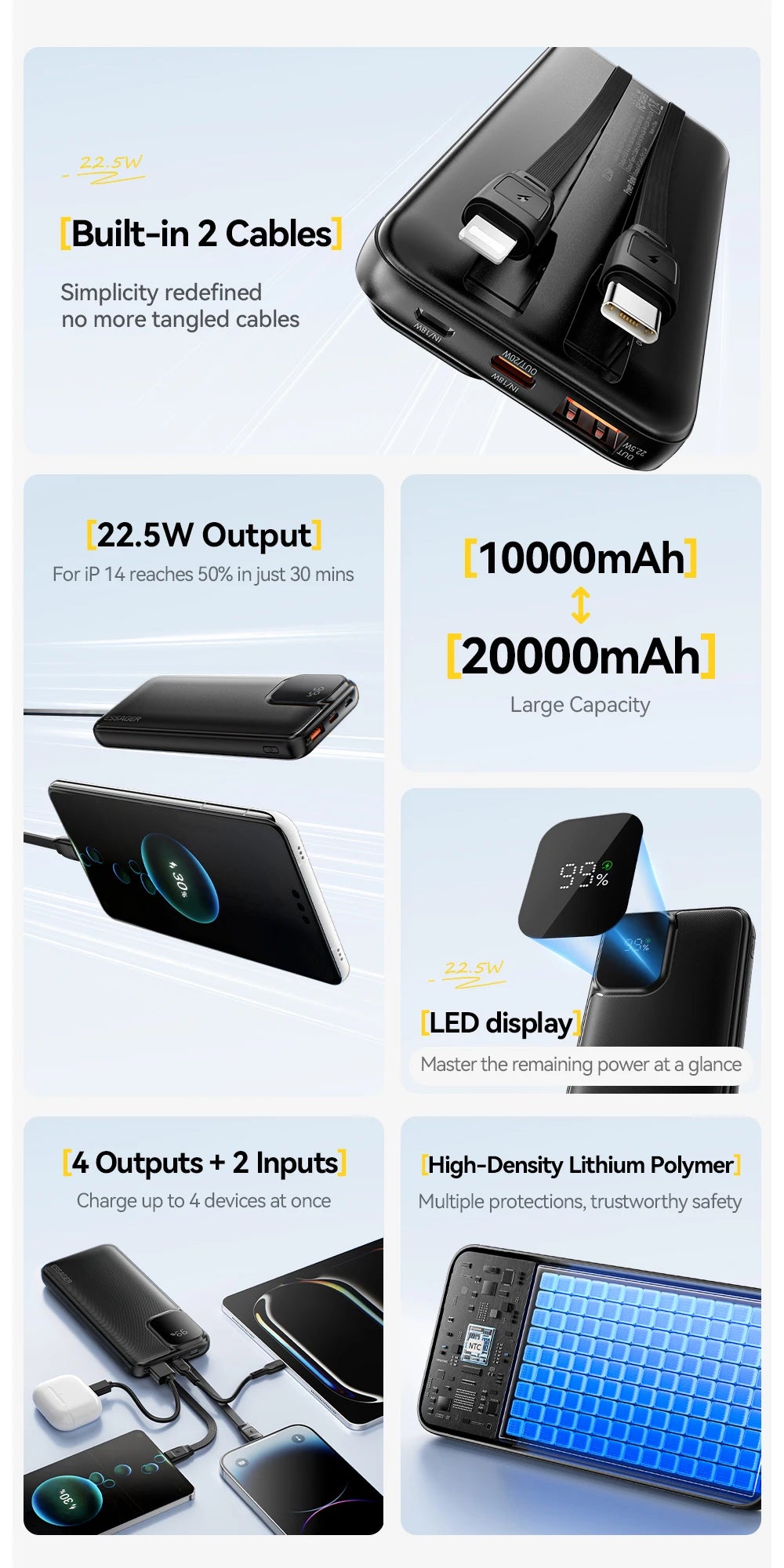 Portable Power Bank 20000mAh with Two Built-in Cables External Battery